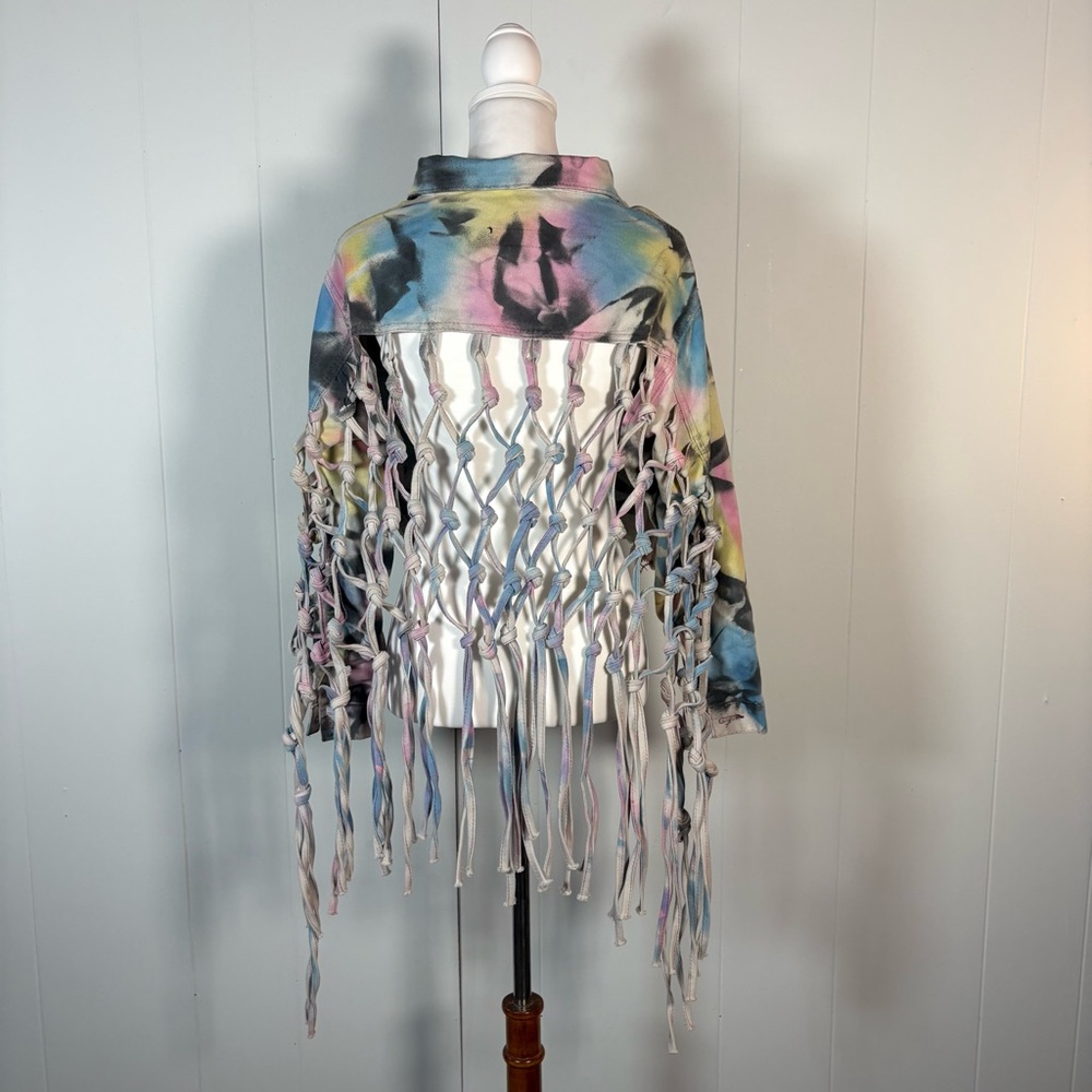 Tie Dye Fringe Denim Jacket Women’s L Crop Festival Jean Casual Boho - Picture 5 of 8